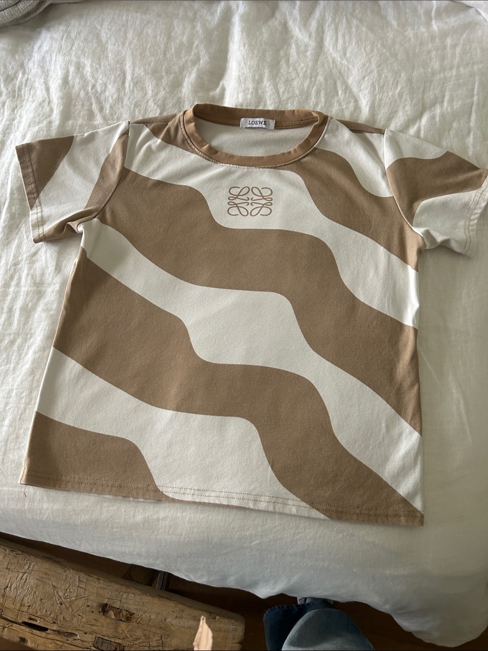Loewe Tan & Cream Wave-Print Short Sleeve Tee with Anagram Logo